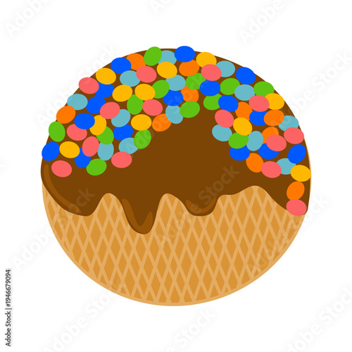 Round chocolate glazed wafer with colorful candy coated chocolate beans, sweet dessert icon.Vector isolated illustration of Dutch waffle with caramel for menu design, prints, stickers.