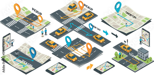 Isometric taxi pickup and drop off service concept with navigation map, smartphone app tracking, urban transportation route illustration