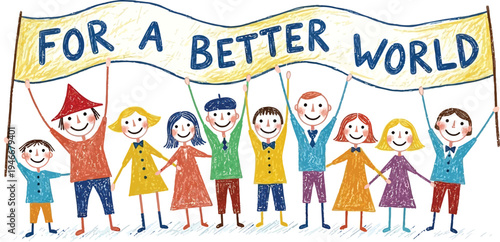 Children holding banner for better world vector