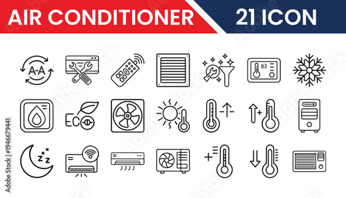 Cooling and HVAC icons pack in vector format for web and app UI design including air conditioner, ventilation, temperature control, climate system, and home appliance symbols
