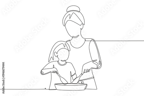 Mother and daughter cooking. Families cooking concept one-line drawing