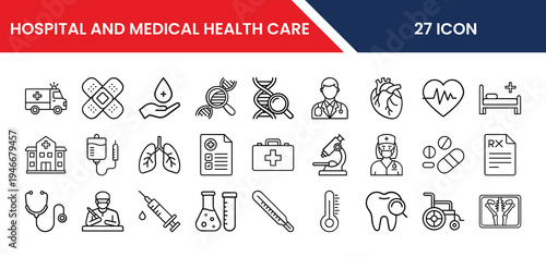 Medical healthcare icons pack in vector format for web and app UI design including hospital, clinic, doctor, treatment, medicine, and healthcare service symbols