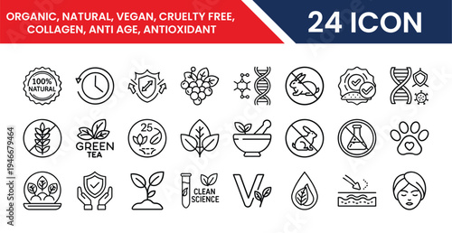 Collection of 24 icons representing organic natural vegan cruelty free themes