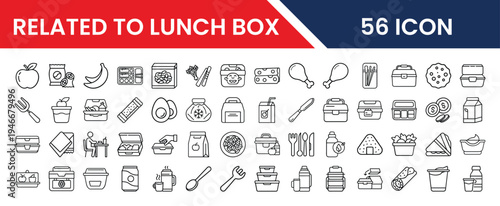 Collection of 56 icons related to lunch boxes and food items