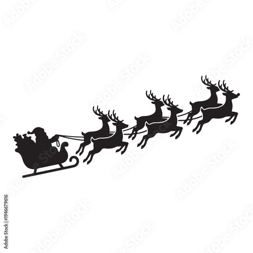 Classic black silhouette illustration of Santa Claus driving his sleigh with eight flying reindeer.