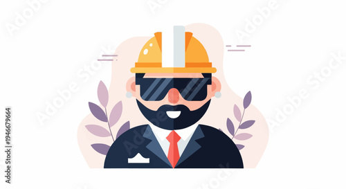 A stylized portrait of a bearded individual in a hard hat and suit