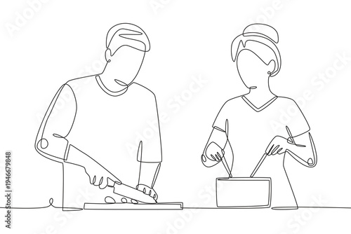 Husband and wife cooking. Families cooking concept one-line drawing