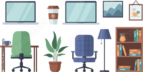 Flat design elements of a home office workspace setup