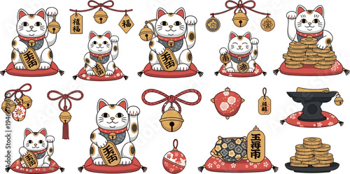 Lucky maneki neko cat collection with gold coins charms bells Japanese fortune symbols kawaii cartoon vector illustration set