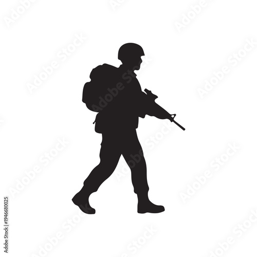 Silhouette of an armed soldier in military uniform with a rifle and backpack walking