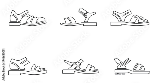 Summer sandal line icon vector set, slipper summer footwear, casual beach shoes symbol outline icon vector illustration