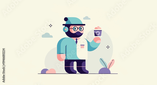 A stylized person in a blue hat and lab coat holds a cup of pink bubbly drink