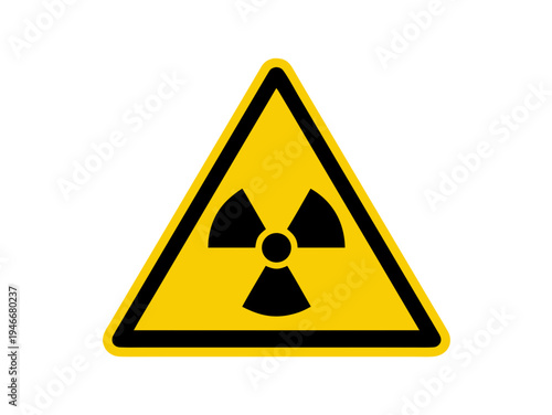 A professional yellow radioactive warning sign with a black trefoil symbol indicating nuclear hazard zones, isolated on transparent background.