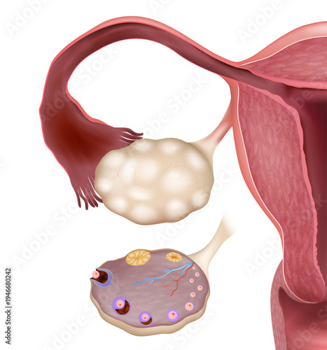 Medical illustration of female reproductive anatomy  uterus, fallopian tube, and ovary with cross section follicle development, ovulation, corpus luteum, and ovarian blood vessels. Educational diagram