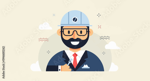 Stylized flat illustration of a bearded man in a hard hat and suit