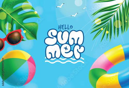 Hello summer greeting clipart design. Hello summer greeting text in sunny blue bokeh background with beach ball, sunglasses, inflatable ring, leaves summer elements vector illustration.
