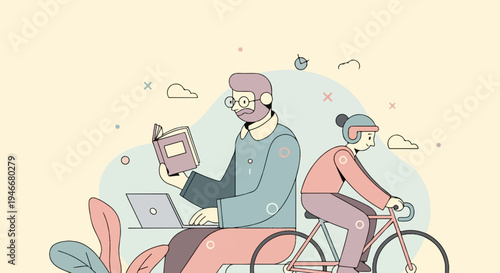 Two people engaged in different activities, one reading on a laptop, the other cycling