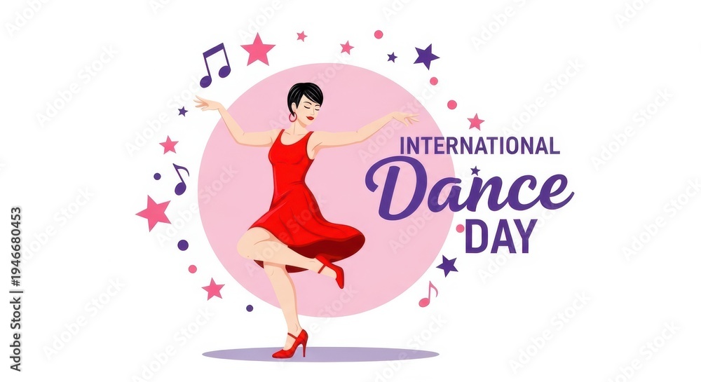 Obraz premium International dance day illustration with dancing woman in red dress and colorful stars