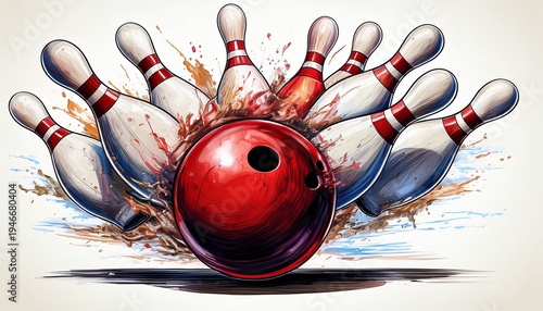 a red bowling ball crashing into the pins isolated on white background ai generative