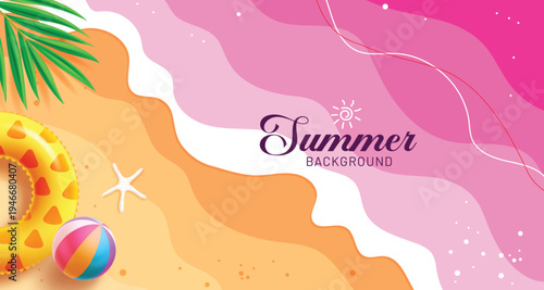 Summer background clipart banner design. Colorful pink sea waves and beach elements like palm leaf, starfish, beach ball, and pineapple pattern floaters for holiday season. Vector Illustration. 
