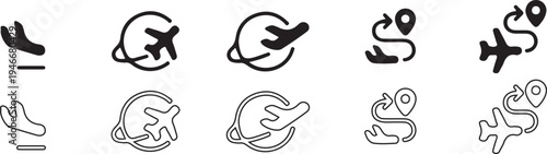 airplane travel location black black line icon set vector illustration 