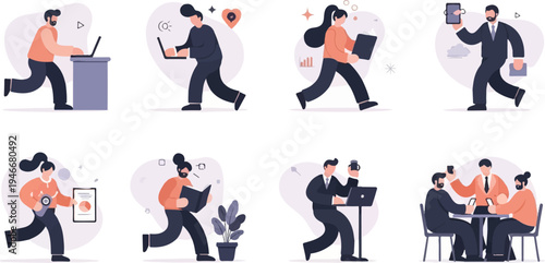 People in motion, engaged in various tasks and interactions