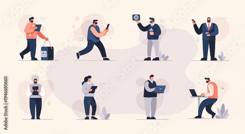 Business professionals engage with technology in a minimalist, light-colored setting