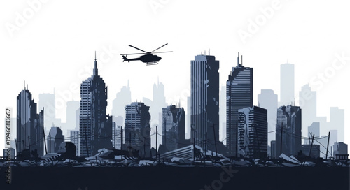 City Skyline with Helicopter Flying.