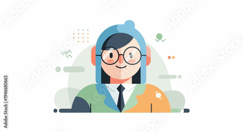 A stylized person with glasses and a hat, wearing a suit, with abstract shapes