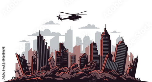 City Skyline with Helicopter Flying.