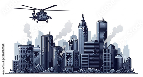 City Skyline with Helicopter Flying.