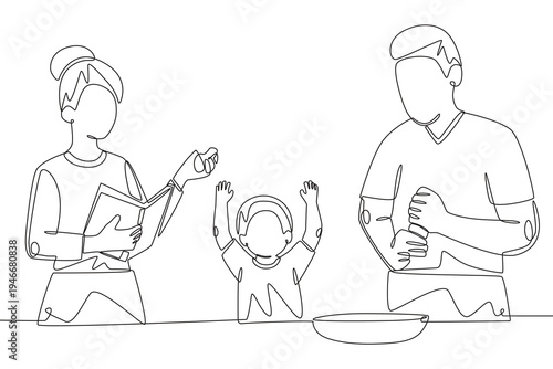 Families cooking concept one-line drawing