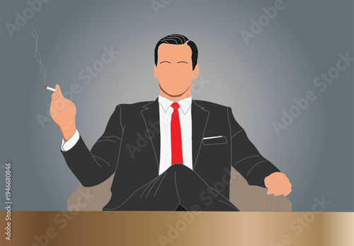 Vector illustration of a Confident businessman sitting in the office with his legs crossed and a cigarette in his hand. 