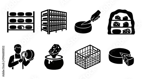 Cheese Production Icons Vector – Storage, Cutting, Aging, Handling, Culinary Graphic