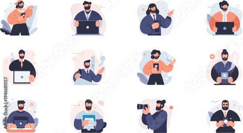 Stylized men in various poses with laptops, phones, and cameras