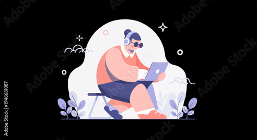 Person with headphones working on a laptop surrounded by abstract shapes and plants