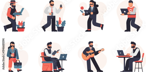 Pixel art men in suits and casual wear, laptops, coffee, flowers, guitar