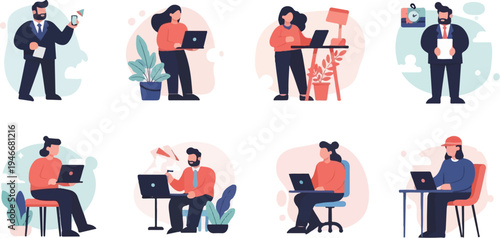 Modern business professionals work at computers and use mobile devices