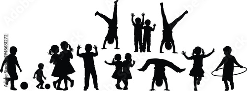 children, silhouettes, kids, playing, jumping, dancing, fun, childhood, activity, happy, playful, movement, lifestyle, vector, illustration, set, collection, kids, action, design