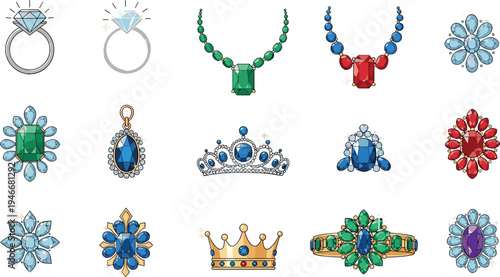 Luxury gemstone jewelry collection set with diamond rings necklaces tiara crown earrings pendants colorful precious stones vector illustration