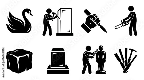 Sculpture Icons Vector – Carving Tools, Stone, Pedestal, Artistic Craft Graphic
