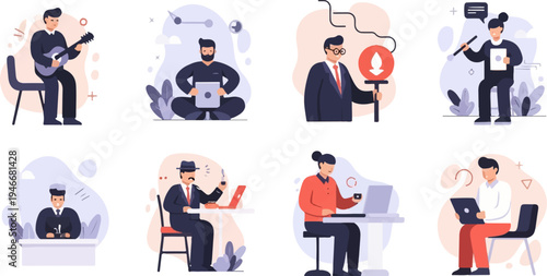 Collection of flat illustrations depicting people engaged in various activities like playing guitar, using laptops, and presenting
