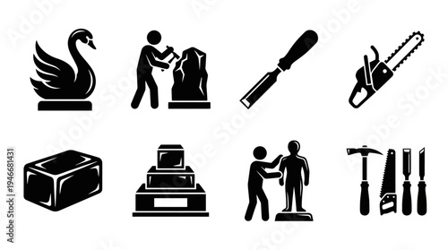 Sculpture Icons Vector – Carving Tools, Stone, Pedestal, Artistic Craft Graphic