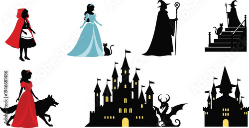 fairy, tale, characters, silhouettes, princess, witch, castle, dragon, fantasy, magic, storybook, vector, illustration, medieval, queen, cloak, wizard, enchanted, collection, design