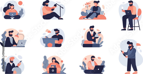 Diverse individuals engage in various digital activities with laptops, phones, and tablets