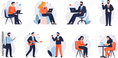 Diverse individuals engage in various activities working on laptops, playing guitar, using phones