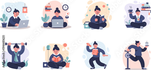 Diverse individuals engage in work, study, fitness, and relaxation activities