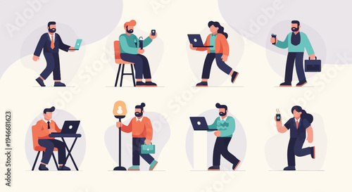 Diverse individuals engaged in business activities, using laptops and coffee