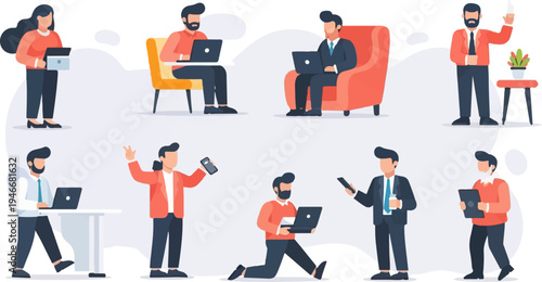 Diverse individuals engaged in digital tasks, utilizing laptops and phones