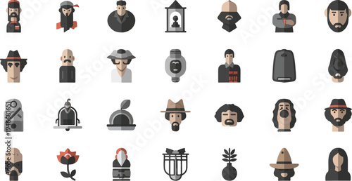 Collection of diverse flat icon style portraits of people and objects